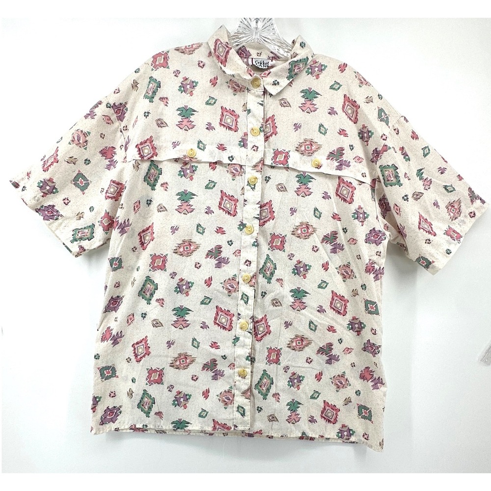 Cricket Lane Vintage Southwestern Geometric Print Short Sleeve Button Up Shirt